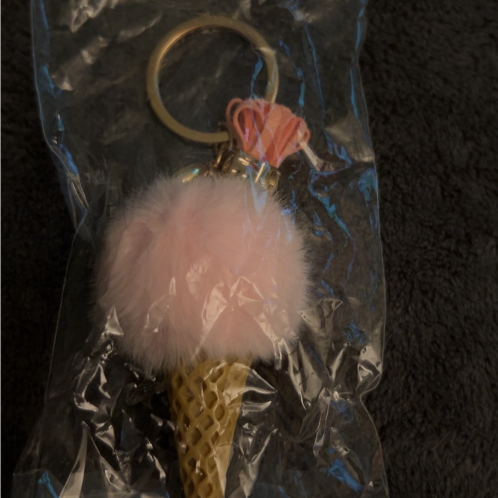 Ice Cream Cone Keychain with Pink Fluff